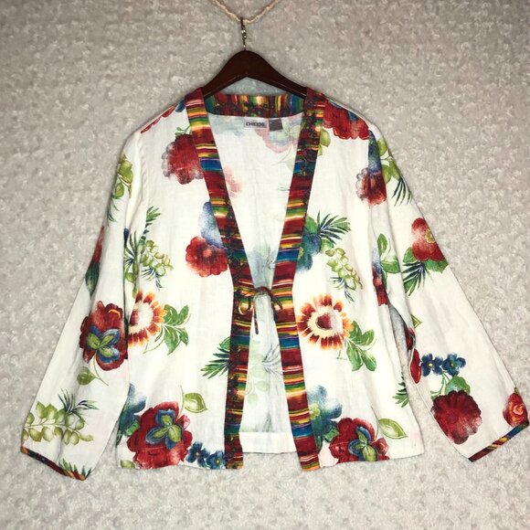 Vintage Chico's Linen Front Tie Cardigan/Kimono Floral Print Size‎ 1 - Picture 1 of 10